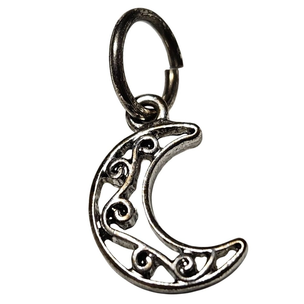Celestial Moon Crescent Silver Tone Filigree Pendant Charm Ornate Swirl Design